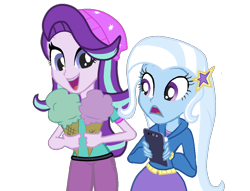 Size: 900x689 | Tagged: safe, artist:diamondskrystall, derpibooru import, starlight glimmer, trixie, equestria girls, beanie, cellphone, duo, female, food, hat, ice cream, phone, simple background, smartphone, that human sure does love ice cream, transparent background, vector