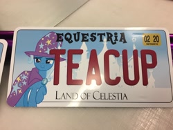 Size: 3264x2448 | Tagged: safe, artist:dashiesparkle, artist:ramivic, derpibooru import, trixie, pony, unicorn, cup, female, irl, license plate, mare, photo, raised hoof, solo, teacup