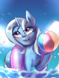 Size: 2344x3125 | Tagged: safe, artist:mrscurlystyles, derpibooru import, trixie, pony, unicorn, ball, beach ball, blushing, female, gift art, inner tube, mare, open mouth, solo, water, wet mane