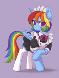 Size: 2903x3836 | Tagged: safe, artist:taytinabelle, rainbow dash, pegasus, pony, alternate hairstyle, apron, averted gaze, blushing, bowtie, button-up shirt, clothes, colored pupils, cute, dashabetes, dock, ear fluff, embarrassed, eye clipping through hair, female, high res, maid, maid headdress, mare, outfit, rainbow dash always dresses in style, rainbow maid, raised hoof, ruffles, simple background, socks, solo, stockings, thigh highs, tsunderainbow, tsundere, unshorn fetlocks