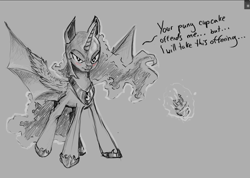 Size: 1280x910 | Tagged: safe, artist:rain-gear, nightmare moon, princess luna, bat pony, pony, blushing, candle, cupcake, frown, glare, lunabat, magic, monochrome, race swap, solo, spread wings, telekinesis, tsundere, tsundere moon