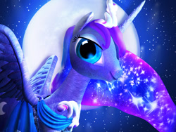 Size: 1024x768 | Tagged: safe, artist:rebehm, princess luna, alicorn, pony, 3d, alternate costumes, alternate design, fancy, figurine, mare in the moon, moon, night, princess, printable, redesign, solo, stars