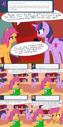 Size: 1600x3200 | Tagged: safe, artist:jake heritagu, derpibooru import, scootaloo, trixie, pony, ask miss twilight sparkle, ask pregnant scootaloo, book, comic, crossover, cut, female, golden oaks library, implied self harm, lesbian, lesboloo, miss twilight sparkle, pregnant, pregnant scootaloo, self ponidox, tumblr:ask twixie
