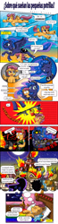 Size: 1024x3960 | Tagged: safe, artist:santi-dleon, princess luna, scootaloo, alicorn, pony, comic, flamethrower, smoking, spanish, weapon