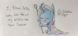 Size: 3501x1640 | Tagged: safe, artist:professionalpuppy, derpibooru import, trixie, pony, unicorn, cape, clothes, dialogue, eyes closed, female, hoof hold, jewelry, mare, princess, royal decree, simple background, sitting, socks, solo, staff, tiara, trixie's cape, white background