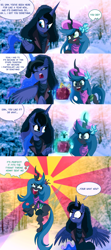 Size: 1280x2880 | Tagged: safe, artist:jokerpony, princess luna, queen chrysalis, alicorn, changeling, changeling queen, pony, ask teen chrysalis, comic, crown, goth, levitation, magic, present, tsundere