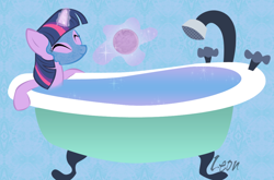 Size: 900x595 | Tagged: safe, artist:newvagabond, derpibooru import, twilight sparkle, unicorn twilight, pony, unicorn, bath, bath bomb, bathtub, claw foot bathtub, eyes closed, female, glowing horn, happy, horn, lush, magic, mare, mud mask, solo, telekinesis