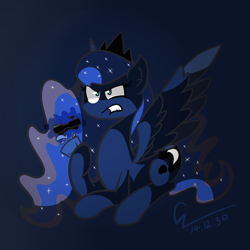 Size: 1024x1024 | Tagged: safe, artist:gndriver, princess luna, alicorn, pony, angry, controller, gamer luna, gritted teeth, magic, prone, soda, solo, spread wings, telekinesis