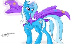 Size: 960x544 | Tagged: safe, artist:music-brush, derpibooru import, trixie, pony, unicorn, cape, clothes, female, hat, mare, solo