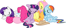 Size: 1000x433 | Tagged: safe, artist:naroclie, derpibooru import, applejack, fluttershy, pinkie pie, rainbow dash, rarity, twilight sparkle, earth pony, pegasus, pony, unicorn, cuddle puddle, mane six, simple background, sleep pile, sleeping