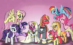 Size: 1680x1050 | Tagged: safe, derpibooru import, apple bloom, applejack, big macintosh, cheerilee, fluttershy, pinkie pie, rainbow dash, rarity, twilight sparkle, earth pony, pegasus, pony, unicorn, cheerimac, clothes, dress, male, shipping, stallion, straight, tuxedo, wedding, wedding dress, wink