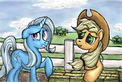 Size: 2700x1800 | Tagged: safe, artist:ddomius, derpibooru import, applejack, trixie, earth pony, pony, fence