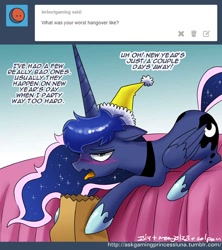 Size: 700x790 | Tagged: safe, artist:johnjoseco, princess luna, alicorn, pony, ask gaming princess luna, barf bag, bed, blushing, comic, hangover, paper bag, sick, solo, tumblr