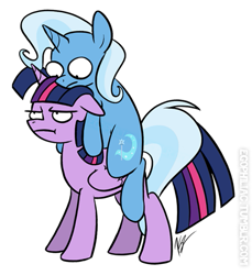 Size: 511x557 | Tagged: safe, artist:egophiliac, artist:xxjk97xx, derpibooru import, trixie, twilight sparkle, twilight sparkle (alicorn), alicorn, pony, unicorn, duo, female, floppy ears, hooves, horn, inconvenient trixie, it begins, mare, ponies riding ponies, riding, simple background, tumblr, tumblr:inconvenient trixie, twilight is not amused, unamused, white background, wings, woonoggles