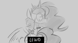 Size: 1280x714 | Tagged: safe, artist:jankrys00, princess luna, alicorn, pony, :>, blushing, censored, frown, lewd, looking back, lunadoodle, monochrome, nailed it, plot, solo, wide eyes