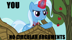 Size: 1280x720 | Tagged: safe, derpibooru import, edit, edited screencap, screencap, trixie, magic duel, apple tree, chariot, logic, tree, wheels trixie