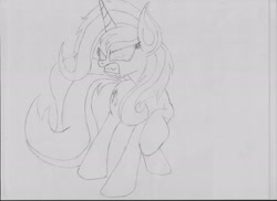 Size: 2338x1700 | Tagged: safe, artist:epicluko8d, derpibooru import, trixie, pony, unicorn, angry, female, glowing eyes, mare, solo, traditional art