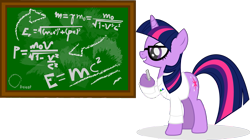 Size: 3935x2204 | Tagged: safe, artist:marcosms88, derpibooru import, twilight sparkle, unicorn twilight, pony, unicorn, chalk, chalkboard, clothes, female, glasses, high res, mare, simple background, smiling, solo, transparent background, vector