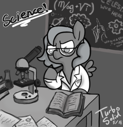 Size: 644x663 | Tagged: safe, artist:turbosolid, princess luna, queen chrysalis, alicorn, changeling, changeling queen, pony, book, chalkboard, cheese, clothes, cute, egophiliac-ish, female, filly, food, frown, glare, grayscale, lab coat, mare, microscope, monochrome, moonstuck, muffin, planet, science, science woona, solo, style emulation, woona