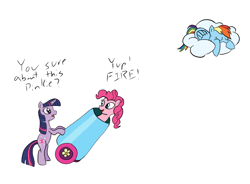 Size: 1252x923 | Tagged: safe, derpibooru import, pinkie pie, rainbow dash, twilight sparkle, earth pony, pegasus, pony, cloud, party cannon, ponibooru, pony cannonball, sleeping, sleepydash