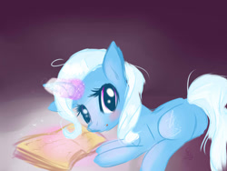 Size: 1024x768 | Tagged: safe, artist:bae-mon, derpibooru import, trixie, pony, unicorn, blushing, book, female, magic, mare, plot, solo