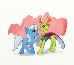 Size: 1350x1200 | Tagged: safe, artist:eulicious, derpibooru import, thorax, trixie, changedling, changeling, pony, unicorn, bedroom eyes, female, king thorax, male, mare, seduction, shipping, simple background, straight, sweat, thoraxie