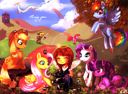 Size: 1400x1029 | Tagged: safe, artist:silvercresent11, derpibooru import, applejack, fluttershy, pinkie pie, rainbow dash, rarity, twilight sparkle, cat, human, crossover, doctor who, link, mane six, portal, soot sprite, spirited away, the legend of zelda