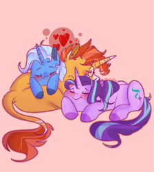 Size: 1024x1142 | Tagged: dead source, safe, artist:soft-arthropod, derpibooru import, starlight glimmer, sunburst, trixie, classical unicorn, pony, unicorn, bisexual, cloven hooves, cuddle puddle, cuddling, ear fluff, eyes closed, female, heart, leaning, leonine tail, lesbian, male, mare, on side, on top, pink background, polyamory, pony pile, prone, shipping, simple background, sleeping, smiling, stallion, startrixburst, straight, sunburst gets all the mares, unshorn fetlocks