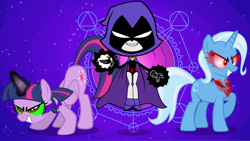 Size: 1920x1080 | Tagged: safe, artist:adcoon, derpibooru import, trixie, twilight sparkle, twilight sparkle (alicorn), alicorn, pony, alicorn amulet, dark magic, female, magic abuse, mare, raven (teen titans), sombra eyes, teen titans, teen titans go, xk-class end-of-the-world scenario