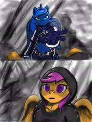 Size: 1536x2048 | Tagged: safe, artist:zachthehedgehog97-2, princess luna, scootaloo, anthro, sleepless in ponyville, anime, black rock shooter, clothes, cosplay, hoodie, midriff, reference