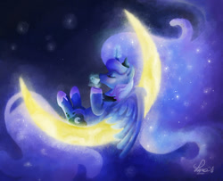 Size: 1226x994 | Tagged: safe, artist:chibi91, princess luna, alicorn, pony, coffee, drinking, ethereal mane, eyes closed, female, magic, mare, moon, on back, solo, starry mane, tangible heavenly object, telekinesis