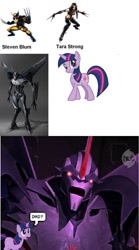 Size: 583x1046 | Tagged: safe, derpibooru import, twilight sparkle, human, starscream, steve blum, tara strong, transformers, voice actor joke, wolverine, x-23, x-men