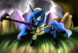 Size: 2300x1581 | Tagged: safe, artist:pinkrose2001, princess luna, alicorn, pony, boots, boys anti-tank rifle, clothes, gun, prone, rifle, solo, uniform, weapon