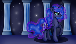 Size: 4779x2788 | Tagged: safe, artist:dianlie, princess luna, alicorn, pony, chest fluff, ear fluff, fluffy, messy mane, missing accessory, raised hoof, solo