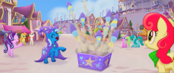 Size: 1279x536 | Tagged: safe, derpibooru import, screencap, apple bumpkin, cantaloupe (character), dawn sunrays, starlight glimmer, trixie, earth pony, pony, unicorn, my little pony: the movie, apple family member, background pony, canterlot, cape, clothes, eyes closed, female, fireworks, happy, hat, looking up, mare, raised hoof, rearing, trixie's cape, trixie's hat, unnamed pony