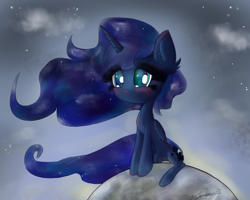 Size: 1280x1024 | Tagged: safe, artist:tractaresolidum, princess luna, alicorn, pony, blushing, ear fluff, moon, sitting, smiling, solo, tangible heavenly object