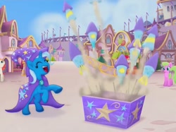 Size: 715x536 | Tagged: safe, derpibooru import, screencap, dawn sunrays, trixie, earth pony, pony, unicorn, my little pony: the movie, canterlot, cape, clothes, cropped, eyes closed, female, fireworks, happy, hat, mare, rearing, trixie's cape, trixie's hat, unnamed pony