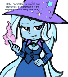 Size: 700x800 | Tagged: safe, artist:livesmutanon, derpibooru import, trixie, oc, oc:anon, comic:based anon, equestria girls, /mlp/, breasts, cleavage, colored, dialogue, female, hand on hip, magic, simple background, smirk, solo, trixie's hat, white background