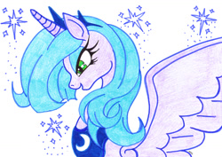 Size: 1048x740 | Tagged: safe, artist:mokalo, princess luna, alicorn, pony, s1 luna, solo, sparkles, traditional art