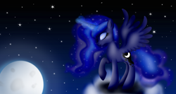 Size: 3316x1761 | Tagged: safe, artist:dianlie, princess luna, alicorn, pony, cloud, eyes closed, magic, moon, raised hoof, solo, spread wings