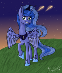 Size: 1444x1701 | Tagged: safe, artist:galopade, princess luna, alicorn, pony, grin, raised hoof, shooting stars, solo, spread wings