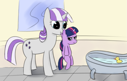 Size: 711x455 | Tagged: safe, artist:rustydooks, artist:tggeko, derpibooru import, twilight sparkle, twilight velvet, annoyed, bath, behaving like a cat, cute, female, filly, filly twilight sparkle, forced bathing, frown, imminent bath, like mother like daughter, mother and child, mother and daughter, mothers gonna mother, mouth hold, parent and child, rubber duck, scruff, smiling, twilight is not amused