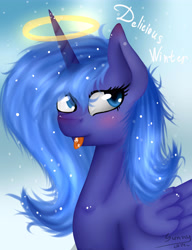 Size: 4607x6000 | Tagged: safe, artist:herusann, princess luna, alicorn, pony, absurd resolution, blushing, halo, s1 luna, snow, snowfall, solo, tongue out