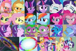 Size: 2092x1402 | Tagged: safe, derpibooru import, screencap, applejack, fluttershy, pinkie pie, rainbow dash, rarity, spike, starlight glimmer, trixie, twilight sparkle, twilight sparkle (alicorn), alicorn, dragon, earth pony, pegasus, pony, unicorn, my little pony: the movie, collage, comparison, cropped, female, floppy ears, group hug, hug, mane six, mare, sonic rainboom