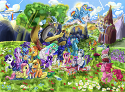 Size: 4276x3147 | Tagged: safe, artist:caligomwknight, derpibooru import, applejack, discord, fluttershy, pinkie pie, princess cadance, princess celestia, princess ember, princess flurry heart, queen chrysalis, rainbow dash, rarity, shining armor, soarin', spike, spitfire, starlight glimmer, sunburst, thorax, trixie, twilight sparkle, twilight sparkle (alicorn), alicorn, changedling, changeling, changeling queen, dragon, earth pony, pegasus, pony, unicorn, absurd resolution, backwards cutie mark, canterlot castle, field, king thorax, picnic, scenery