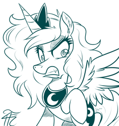 Size: 900x955 | Tagged: safe, artist:php92, princess luna, alicorn, pony, angry, fangs, gritted teeth, messy mane, monochrome, raised hoof, solo