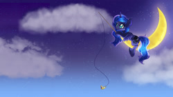 Size: 2560x1440 | Tagged: safe, artist:namefag.mp3, artist:rue-willings, edit, princess luna, alicorn, pony, crescent moon, fishing rod, moon, night, solo, tangible heavenly object, wallpaper, wallpaper edit