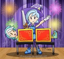 Size: 795x731 | Tagged: safe, artist:pikaplusmin, derpibooru import, lyra heartstrings, trixie, box, box sawing trick, half, humanized, magic trick, modular