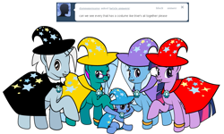 Size: 999x600 | Tagged: safe, artist:dekomaru, derpibooru import, trixie, twilight sparkle, oc, oc:hazel lulamoon, oc:iniduoh, oc:nebula, pony, unicorn, ask, baby, baby pony, cape, clothes, colt, family, female, hat, lesbian, magical lesbian spawn, male, mare, offspring, parent:trixie, parent:twilight sparkle, parents:twixie, shipping, stallion, trixie's cape, trixie's hat, tumblr, tumblr:ask twixie, twixie