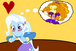 Size: 900x600 | Tagged: safe, artist:ktd1993, derpibooru import, adagio dazzle, trixie, equestria girls, blushing, female, lesbian, shipping, thought bubble, triagio